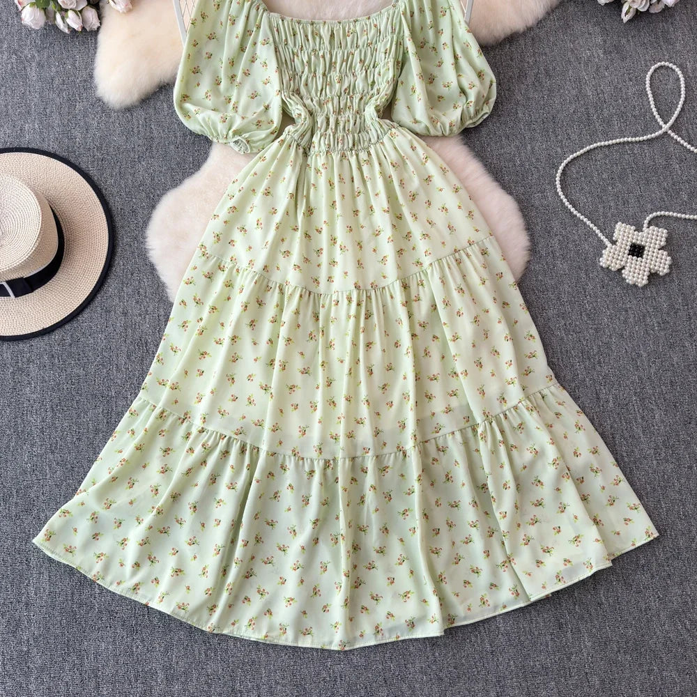 2024 New Summer Flower Print Long Dress Women Vintage Square Neck Ruched Chest Sash Bandage Sundress Party Vestidos