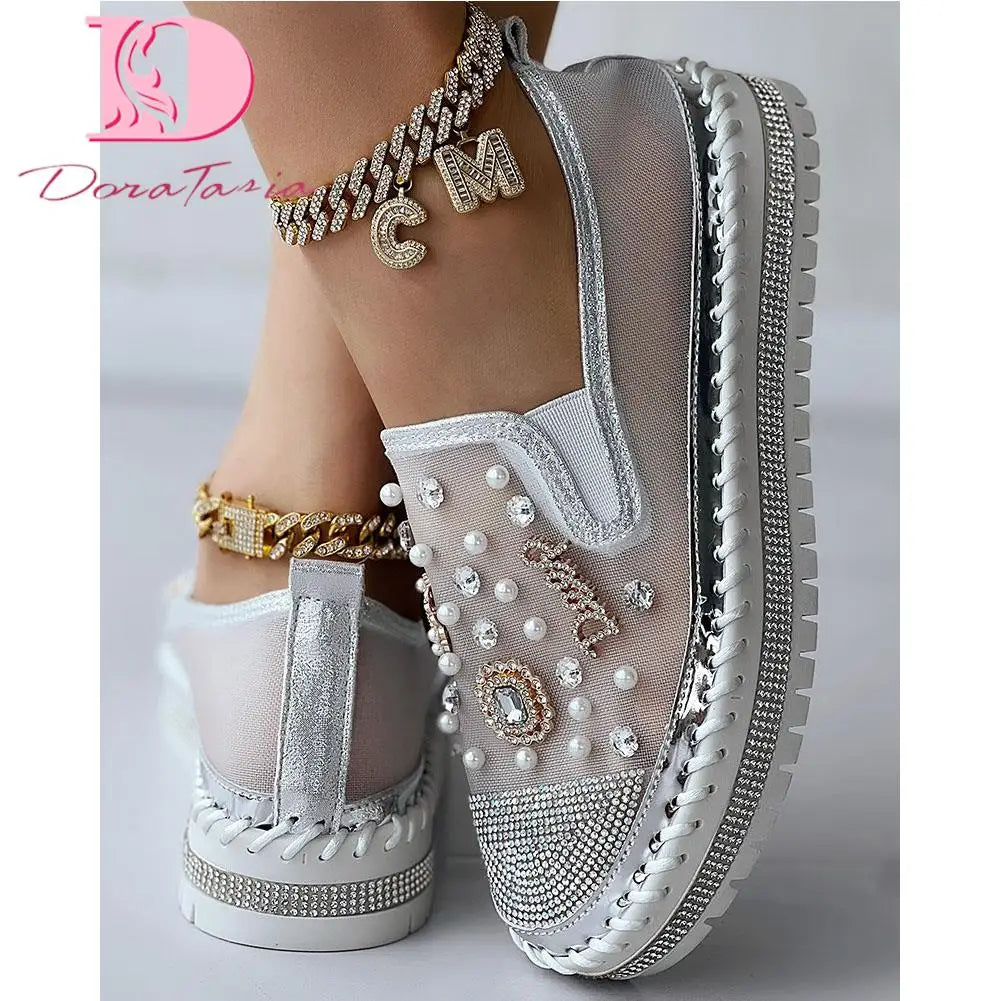 Big Size 43 Brand New Ladies Platform Loafers Fashion Rhinestonen Pearl Solid women's Sneakers Casual Spring Autumn Women Shoes