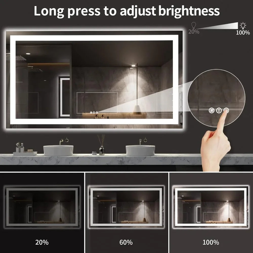 72X40 LED Bathroom Mirror with Lights, Anti-Fog, Dimmable, Backlit + Front Lit, Lighted Bathroom Vanity Mirror for Wall