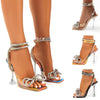 Comemore 2025 Rhinestone Bowknot Women Sandals Transparent High Heels Summer Sexy Square Toe Ankle Buckle Strap Shoes Stiletto