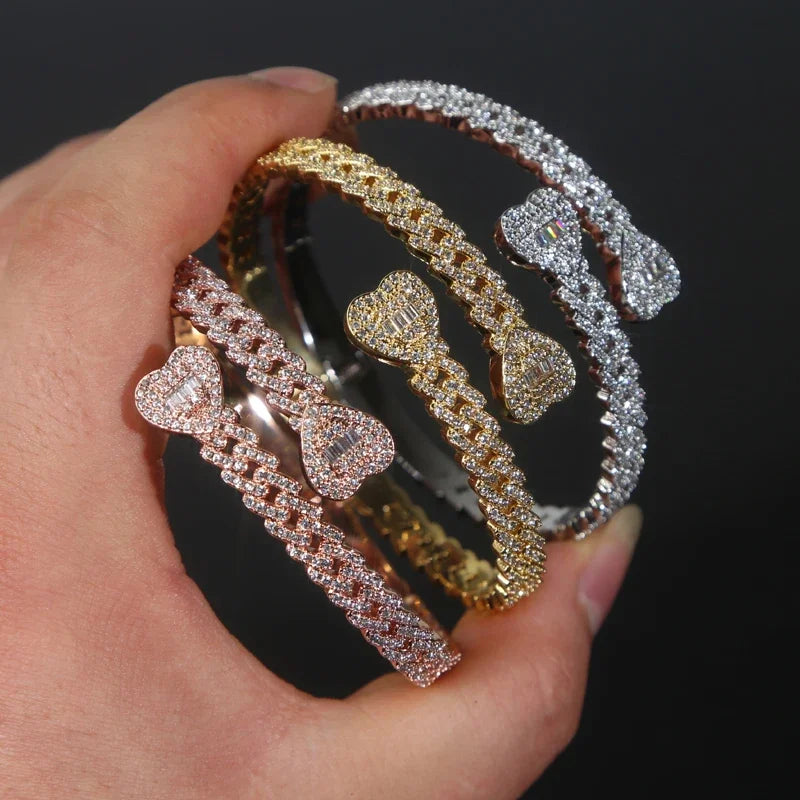 Iced Out Cuff Bangle Paved Setting Bling Cz Cubic Zirconia Wrist Cuban Chain Link Bracelets Fashion Hip Hop Jewelry for Women