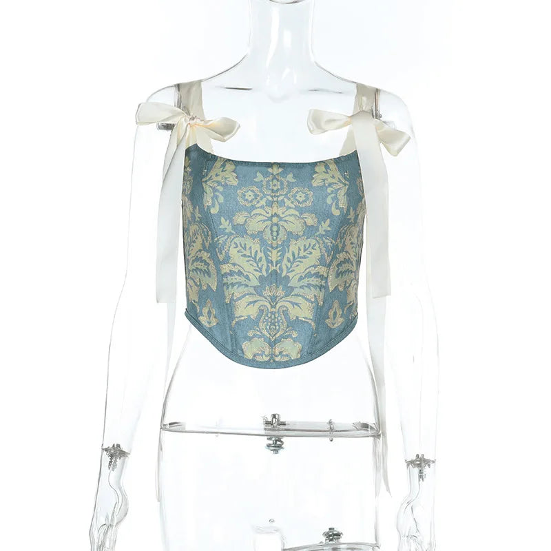 European and American fashion suspender embroidery printing bow waist vest female ins niche spice girl wind Joker slim top