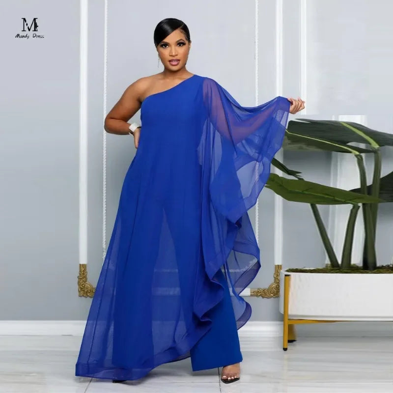 Sexy Chic Women One Shoulder Jumpsuit Chiffon Long Sleeve Prom Party Clothes Designer One Piece Ruffles Rompers 2023
