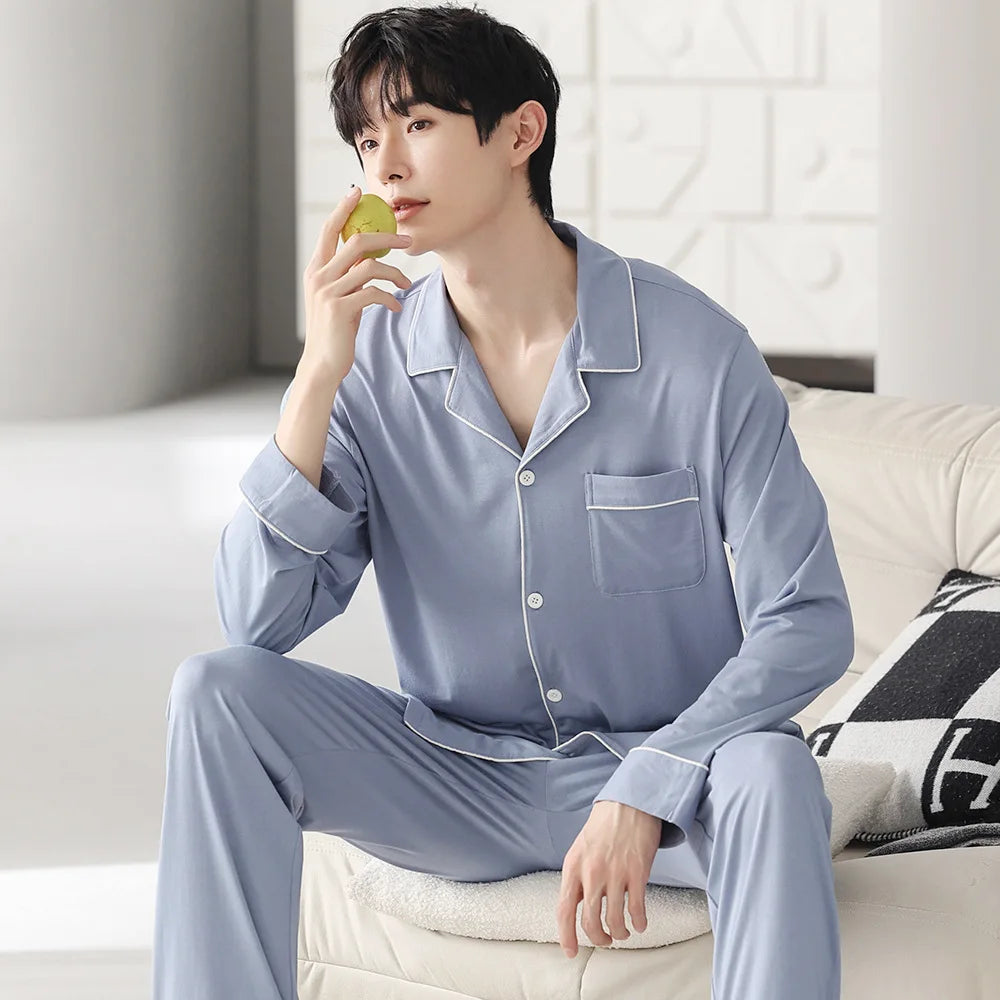 Autumn Pajamas Sets Men Long Sleeve Modal Cotton Thin Teenage Boys' Large Size Spring Outwear Home Cloth Suit Sleepwear Male