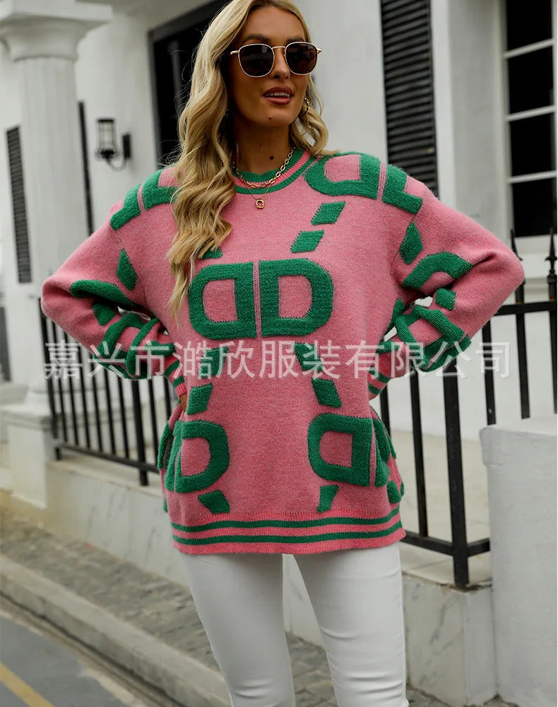 Knitted Sweaters Women 2023 Spring/Autumn Round neck Letter  Embroidery Pullovers Top Temperament casual warm Tee contrast color