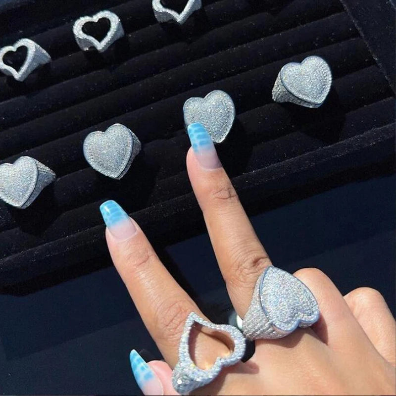 New Full Iced Out Bling Hollow Heart Ring Gold Silver Color 5A CZ Micro Pave Cubic Zircon Rings Hip Hop Punk Men Women Jewelry