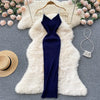 Summer V Neck Knit Sexy Strap Dress Women Elatic Waist Bodycon Sundress Female Beach Backless Maxi Long Dress