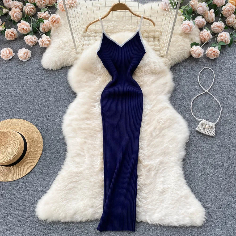 Summer V Neck Knit Sexy Strap Dress Women Elatic Waist Bodycon Sundress Female Beach Backless Maxi Long Dress