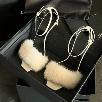 2025 Early Spring New Mink Hair High Heels One-word Sandals Square Head Stiletto Women's Shoes
