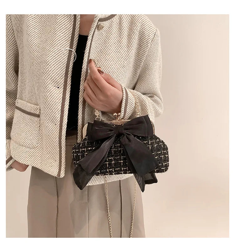 Glittering Chain Plaid Pattern Evening Bag For Women Bow Decor Shoulder Bag, Fashionable Elegant Clutch, Women‘s Crossbody Bag