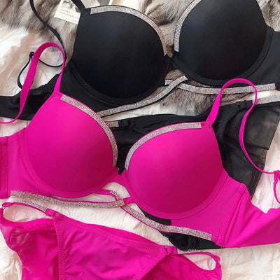 2 Pieces Sexy Underwear Set for Women Classic Cross Hollow Bra Sparkle Rhinestones Lingerie Deep V Push Up Brassiere Set