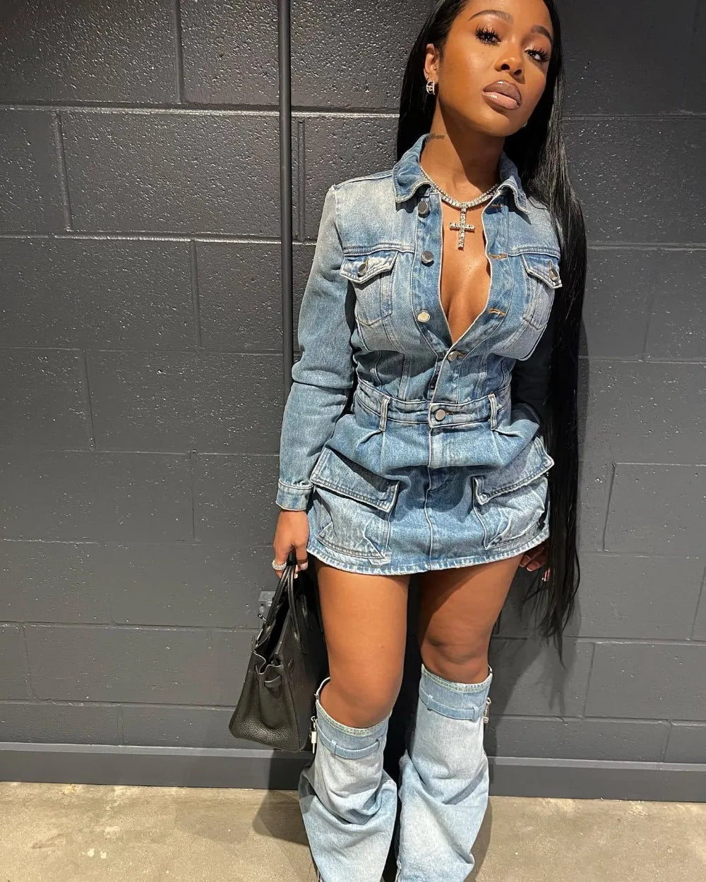 FAGADOER Fashion Button Long Sleeve Denim Mini Dress Women Turndown Collar Pocket with Leg Cover Clothing Female Cowboy Vestidos