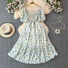 2024 New Summer Flower Print Long Dress Women Vintage Square Neck Ruched Chest Sash Bandage Sundress Party Vestidos