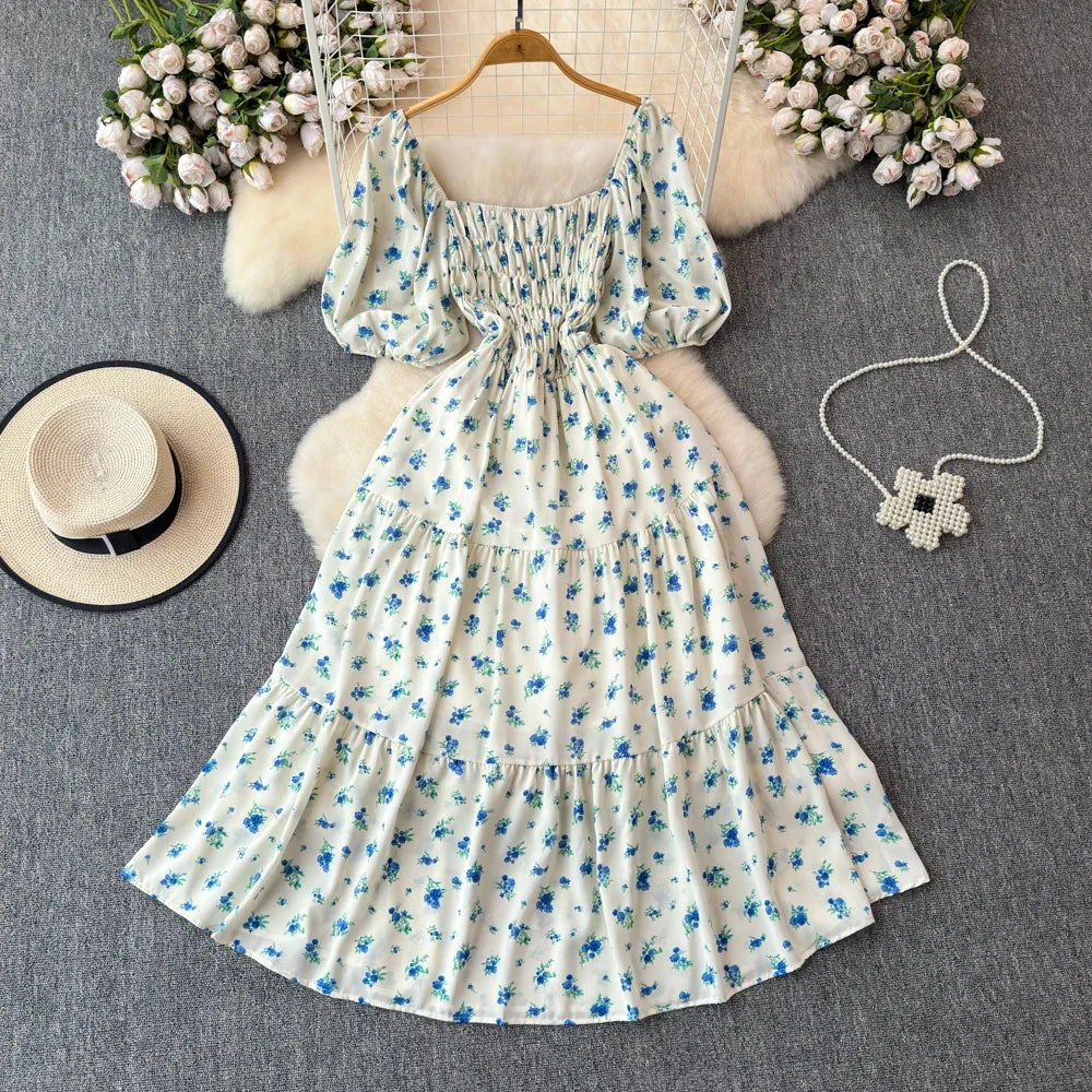 2024 New Summer Flower Print Long Dress Women Vintage Square Neck Ruched Chest Sash Bandage Sundress Party Vestidos