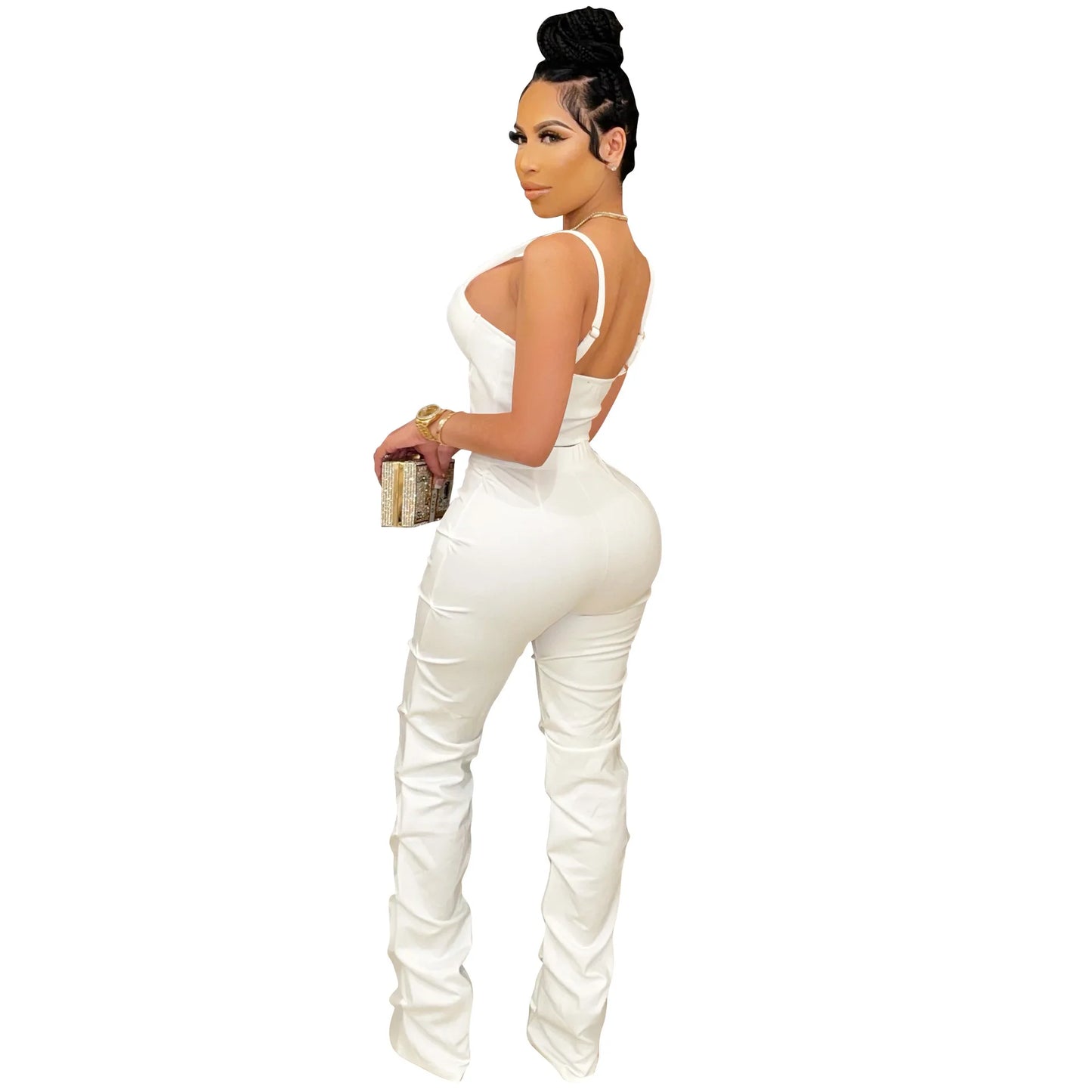 Sexy Solid Color Women's 2-Piece Slim Fit Open Back Zipper Tank Top+High Waist Trouser Set Amazing Bust Wrapping Street Clothing