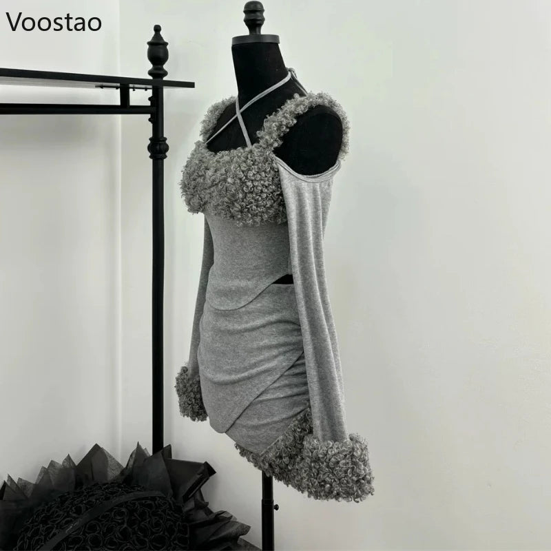 Sweet Sexy Irregular 2 Piece Set Women Chic Plush Patchwork Slim Tops Mini Skirt Suit Korean Y2k Aesthetic Lolita Style Outifits