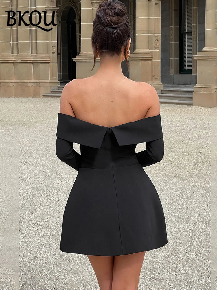 BKQU Elegant Off Shoulder Long Sleeve Mini Dress Women Sexy Strapless Backless Slim A-Line Short Dress Lady Chic Party Vestidos
