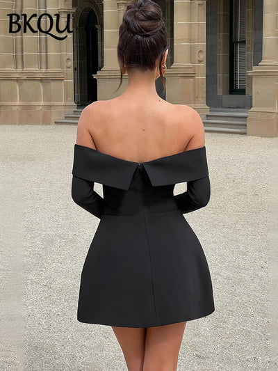 BKQU Elegant Off Shoulder Long Sleeve Mini Dress Women Sexy Strapless Backless Slim A-Line Short Dress Lady Chic Party Vestidos