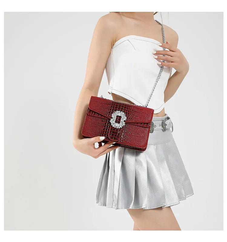 Crocodile Embossed Shoulder Bags For Women Flap PU Leather Fashion Rhinestone Decor Small Square Crossbody Bag Designer Handbag