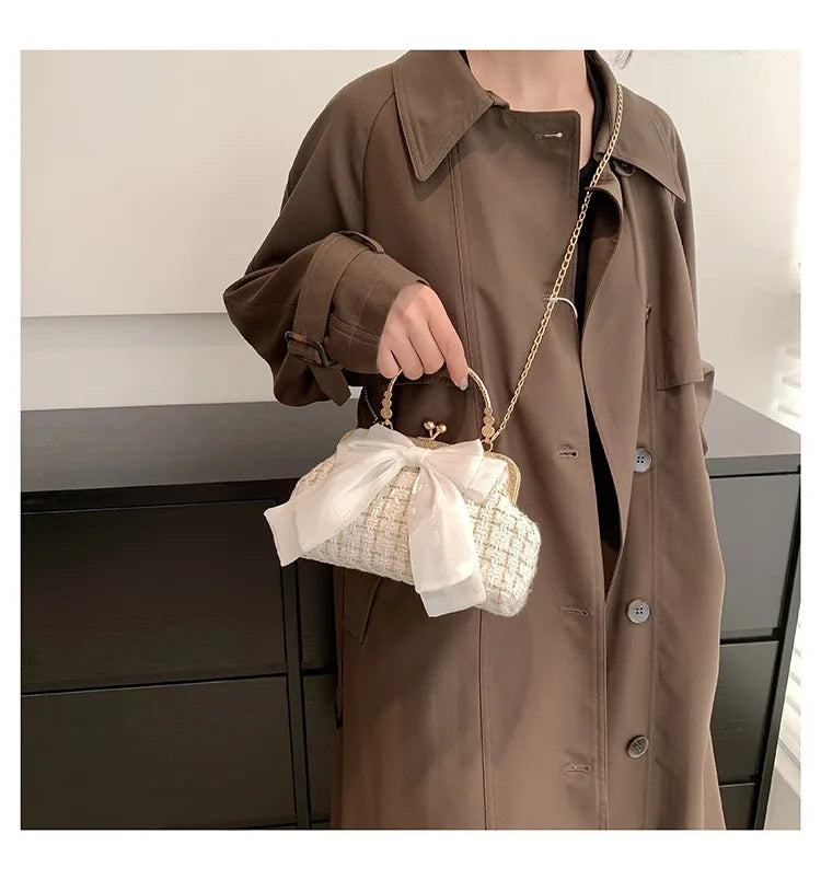 Glittering Chain Plaid Pattern Evening Bag For Women Bow Decor Shoulder Bag, Fashionable Elegant Clutch, Women‘s Crossbody Bag