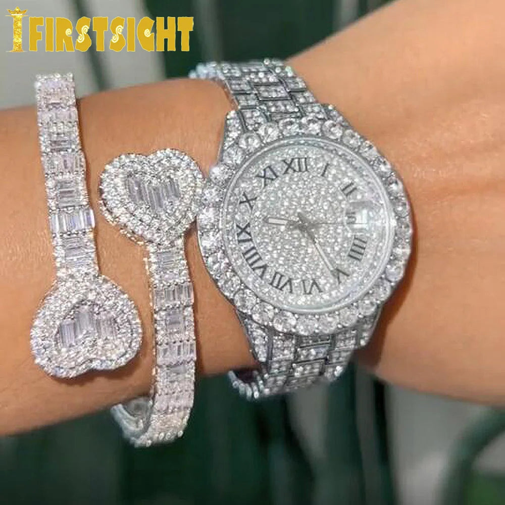 2025 New Iced Out Bling Opened Heart Zircon Charm Bracelet Rectangle AAA CZ Hearts Bangle For Men Women Hiphop Luxury Jewelry