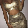 BEAUKEY Quality 2 Piece Set Shinny Metallic Rose Gold Bodycon Top & Skirt  New Mini Short Sexy Party Night Club Set