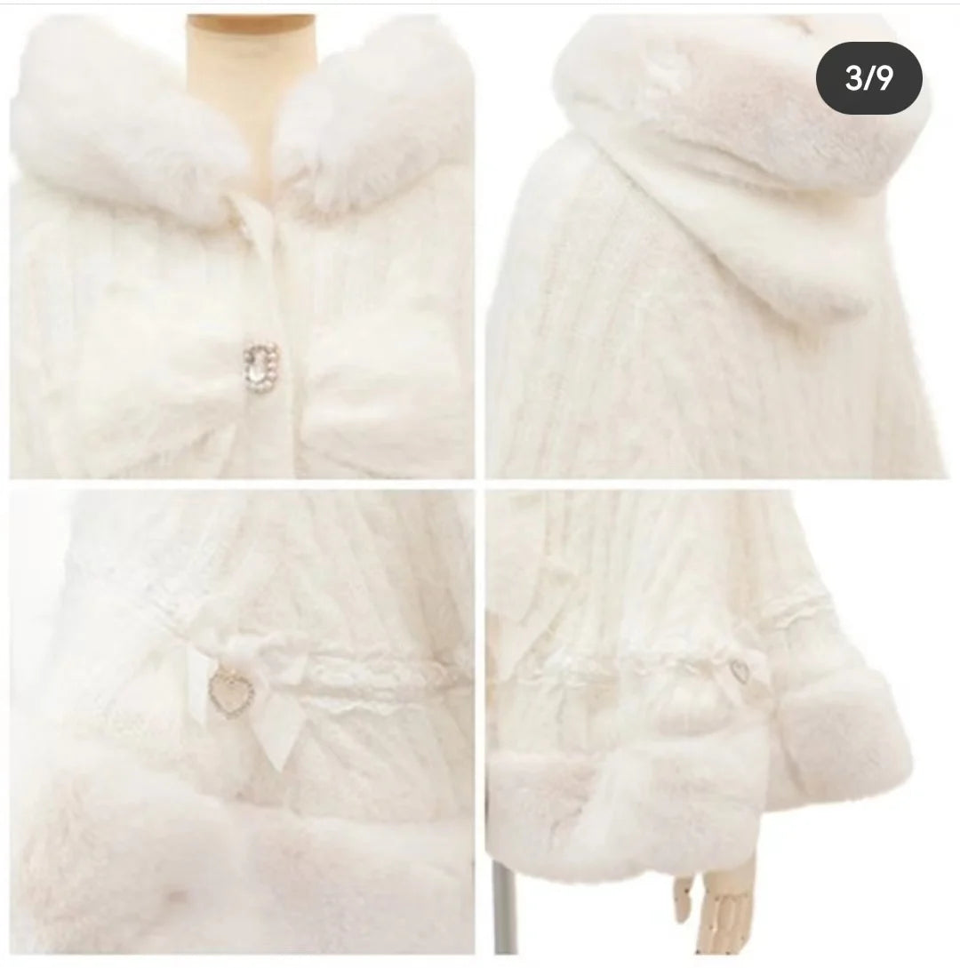 Japanese Liz Sweet Princess Faux Rabbit Fur Cape Coat Women Autumn Winter Fur Jacket Loose Clock Rhinestone Bow Hooded Coat