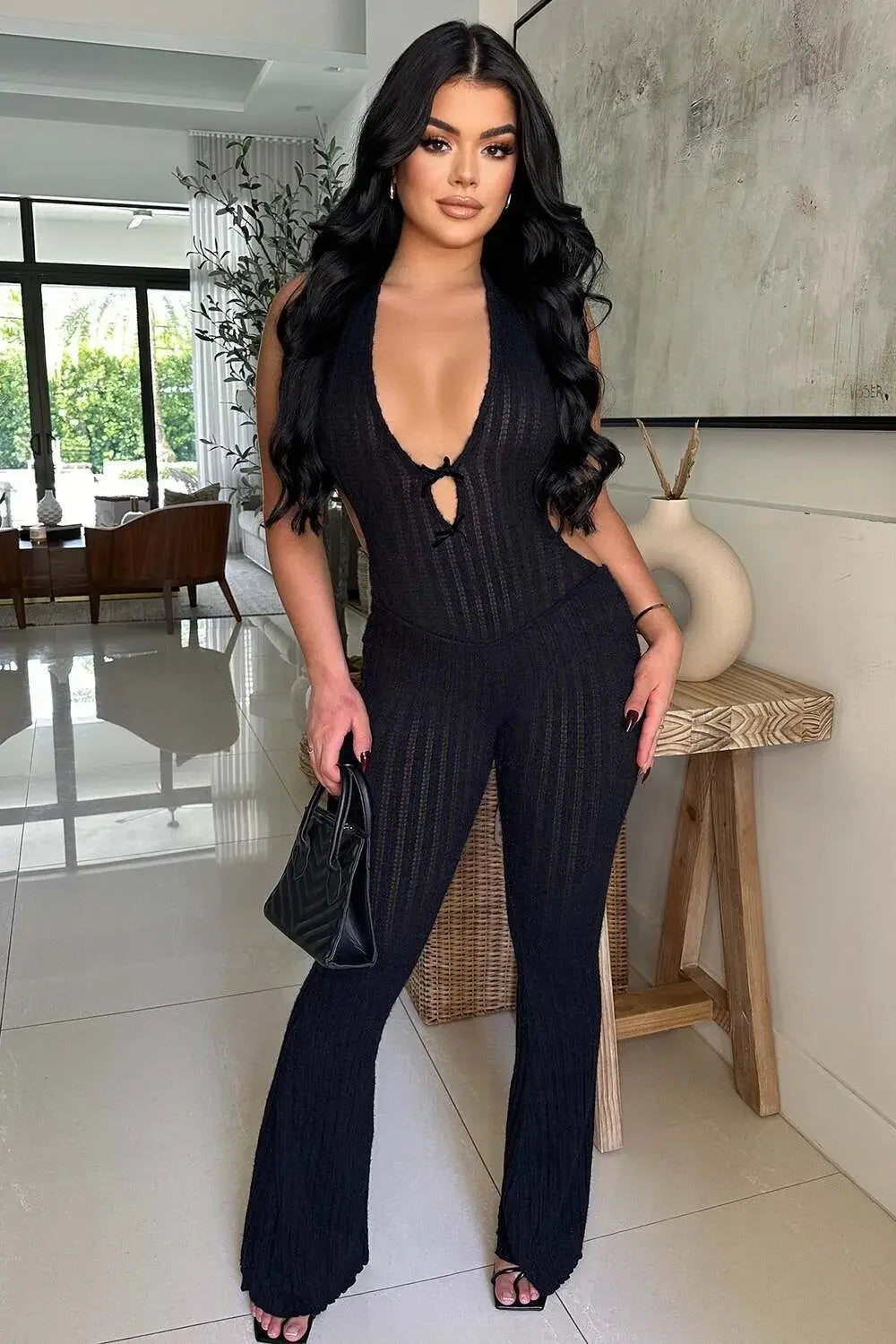 Women Knit Halter Bow Sleeveless Long Jumpsuits 2025 Summer Backless Sexy Outfits Night Club Party One Piece Rompers