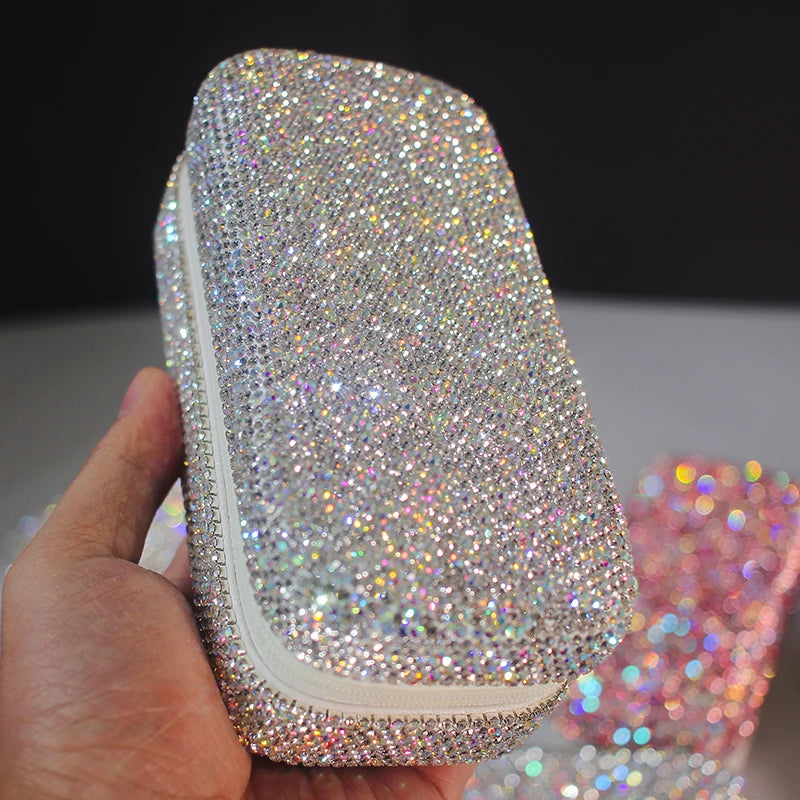 Rhinestones Jewelry Box Small Travel Portable Leather Earrings Ring Necklace Partition Organizer Make Up Finishing Storage Case