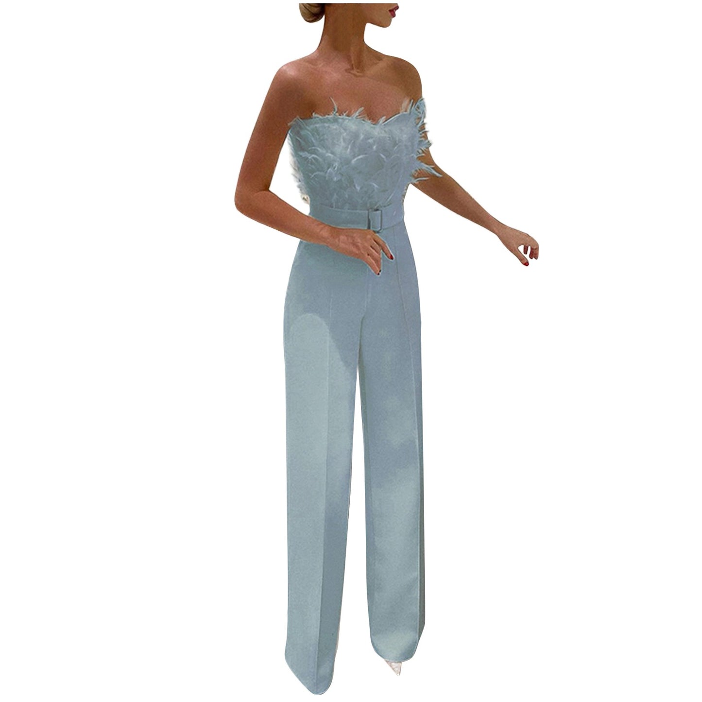Women Jumpsuit Feather Tube Top Sexy Evening Party Jump Suits Sleeveless High-waisted Straight Playsuits Night Clubwear Overalls