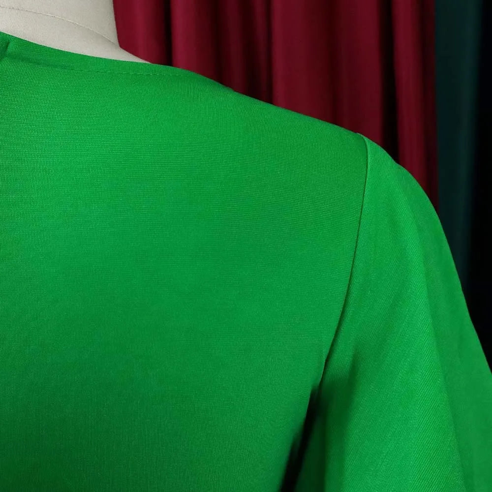 Dress Women Mid Length Dresses Green Slim Ruffles Bodycon Round Neck Short Sleeve Sexy Elegant Party High Waist Vestidos