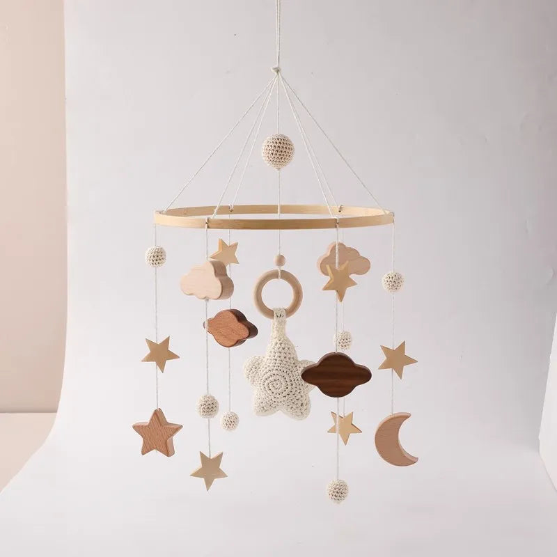 Baby Crib Mobile Bed Bell Rattle Toys Wooden Crochet Stars Pendant Bed Bell Toys Newborn Comfort Crib Bracket Hanging Toys Gifts