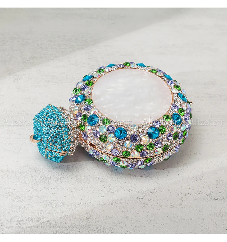 Alizekerr Perfume Bottle Shaped Crystal Evening Bags Women Gorgeous Classy Rhinestone Round Metal Clutch Purses Wedding Party