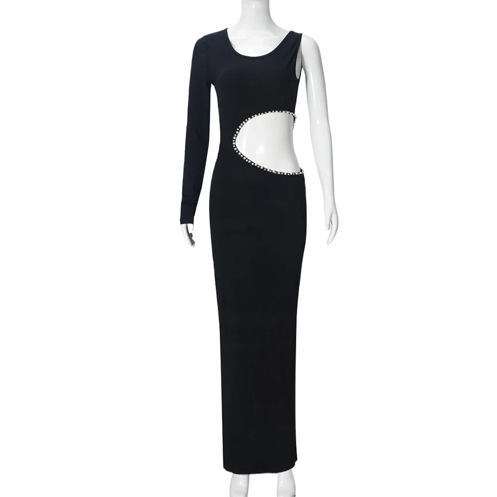 Joskaa Elegant Rhinestone Hollow Maxi Birthday Dress Woman Sexy O-Neck Single Sleeve Skinny Vestidos 2025 Evening Party Clubwear