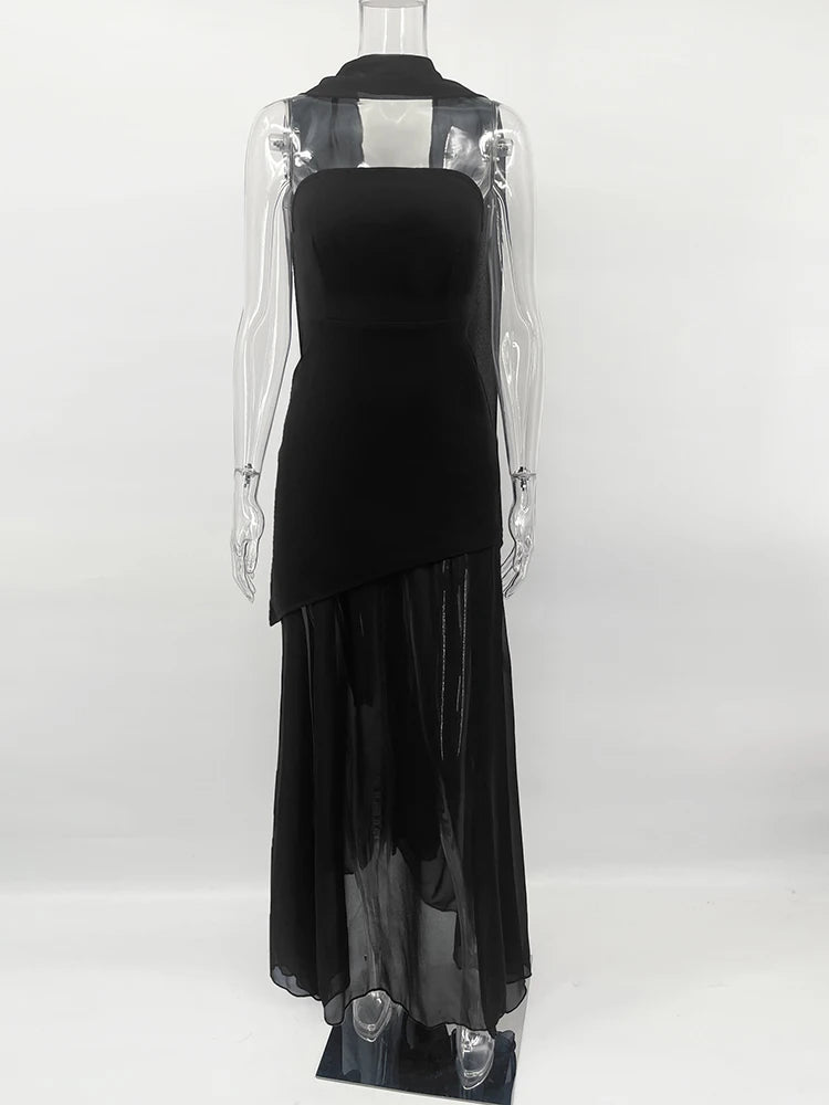 TARUXY Fashion Strapless Dress With Ribbon Female Elegant Sleeveless Mesh Beach Vacation Long Dress 2025 Spring New Women Dress