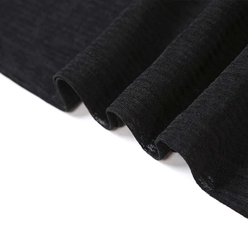OMSJ Women Gothic 2024 Black Hooded Knitted High Split Long Dress Hollow Sexy See-through Straight Dress Festival Rave Club Wear