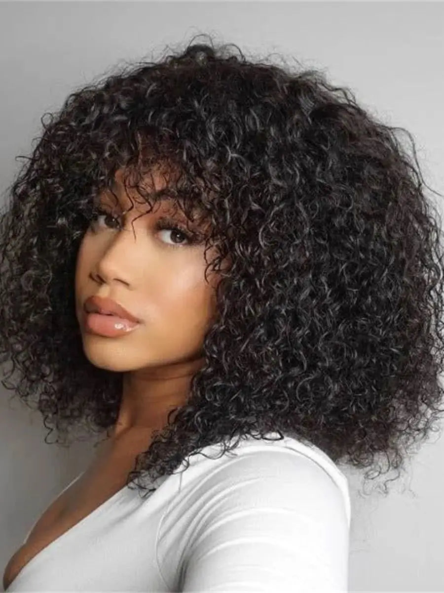 2x1 Curly Short Bob Wig Human Hair With Bangs Lace Glueless Curly Bob Wigs Human Hair Wig Natural Color For Women 180% Density