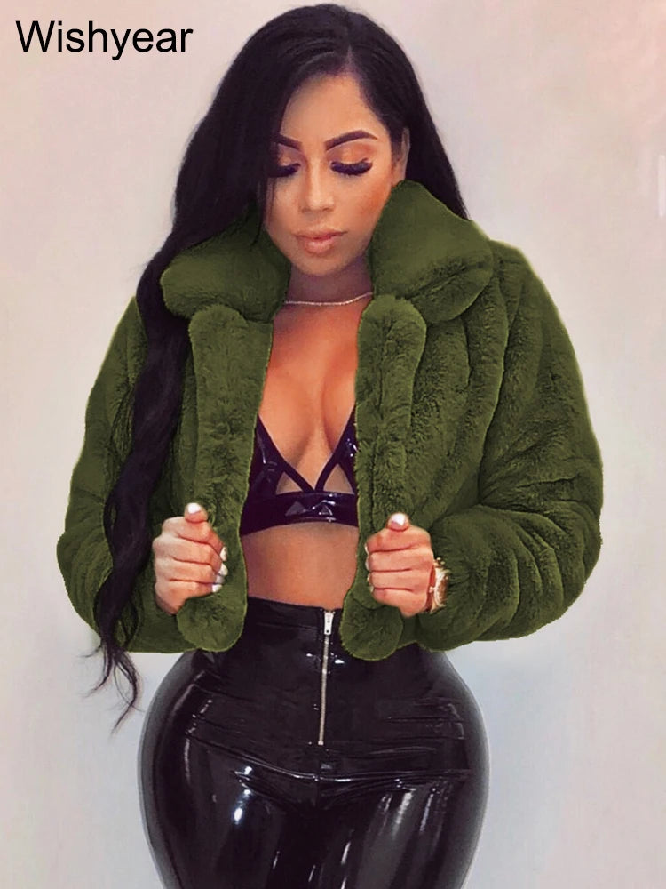 Fashion Faux Fur Open Stitch Lapel Crop Jackets Women Clothing Autumn Winter Solid Long Sleeve Warm Furry Fluffy Coat Outer Wear