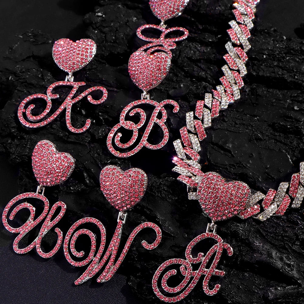 Hip Hop Bling Pink Crystal Cursive Initial Letter Cuban Necklace for Women Iced Out Paved Cuban Chain Necklace Choker Jewelry