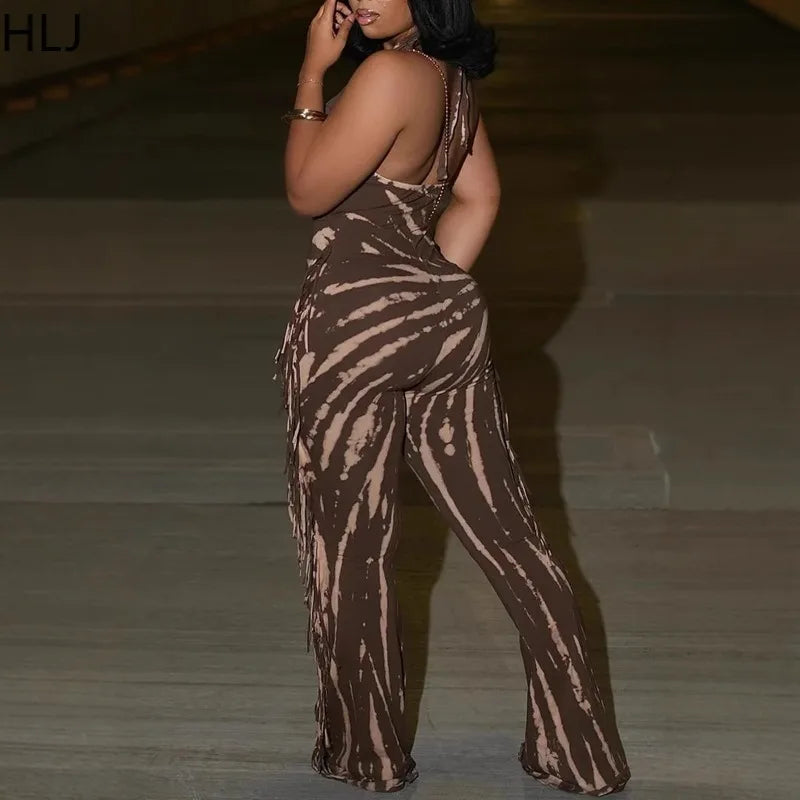 HLJ Sexy Striped Print Tassel Patchwork Bodycon Jumpsuit Women Halter Backless Skinny Rompers Female Party Clubwear Overalls New