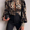 Spring Women Sexy Backless Hollow Print Shirts Tops 2024 Casual Stand Long Sleeve Office Lady Blouses Fashion Party Crop Top