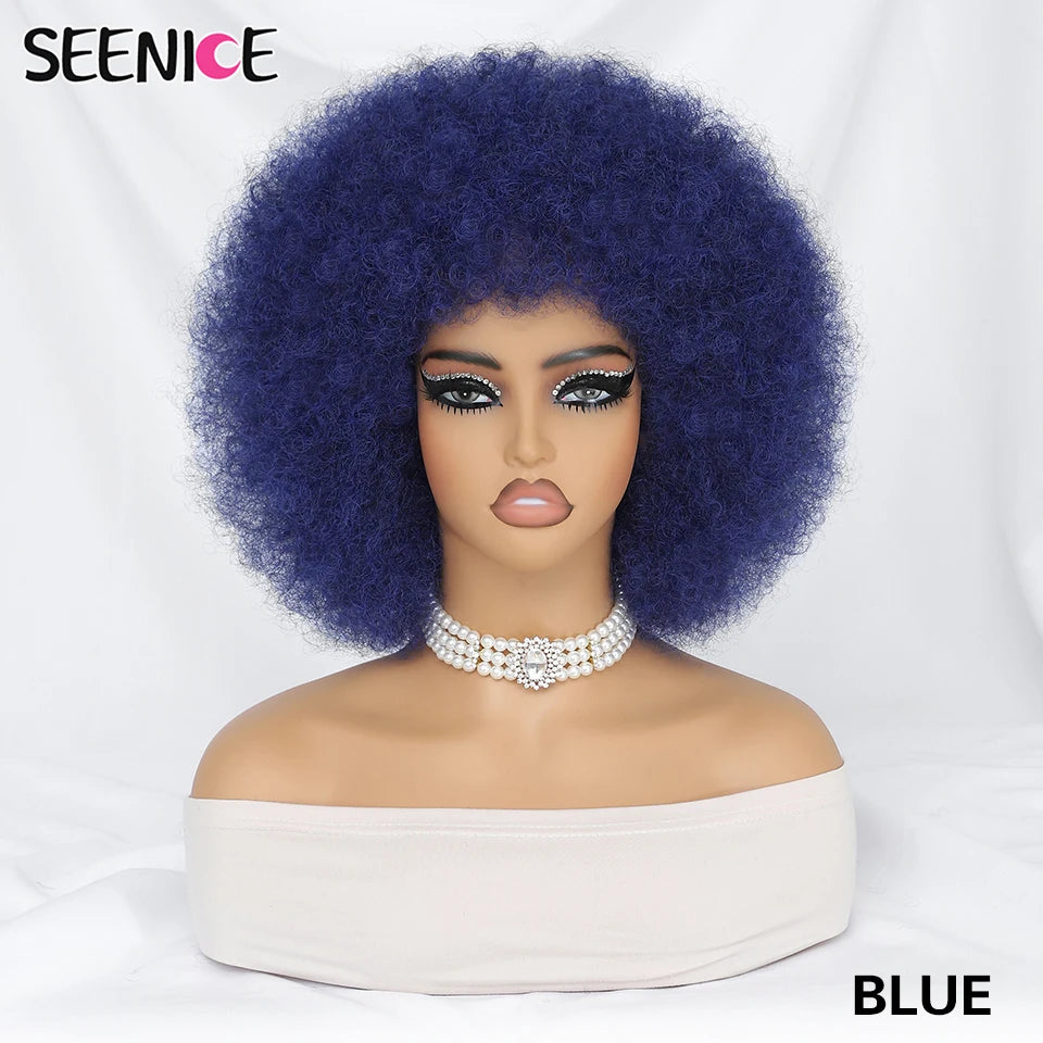 Short Afro Wigs for Black Women Blonde 10" Afro Curly Wig With Bangs 70s Bouncy Natural Synthetic Female Wigs for Party Cosplay