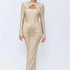 Mozision Hollow Out Long Sleeve Sexy Maxi Dress For Women Gown Autumn Winter New Metal Buckle Ruched Slit Long Dress Elegant