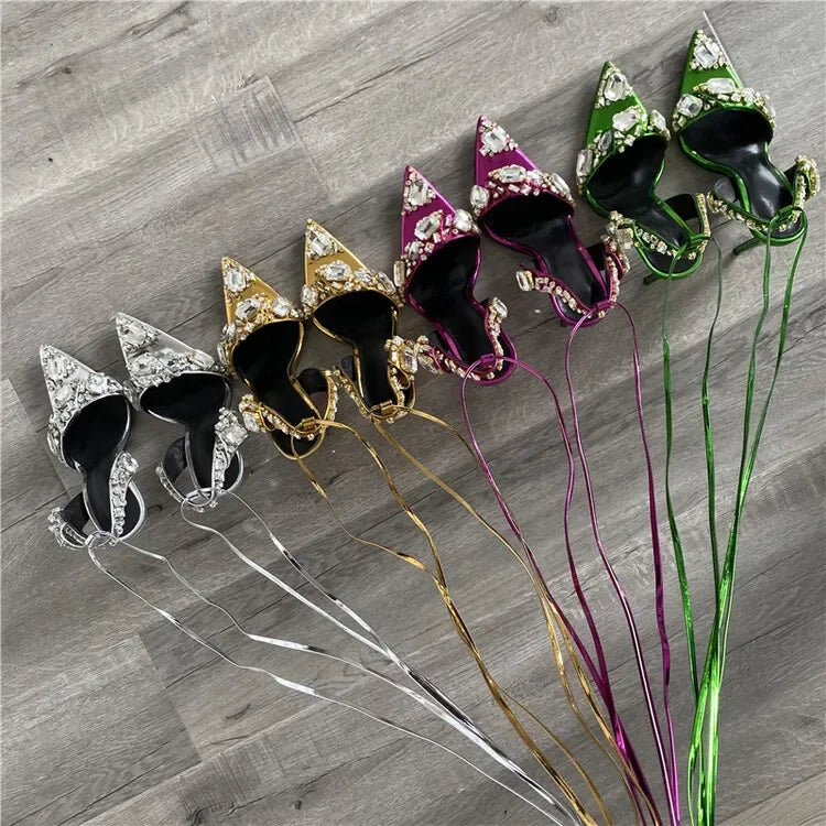 2024 Luxury Rhinestone Pointed Sandals Prom Super High Heel Sandals Slim Heel Dress Show Sandals Oversized 34-43 Women's Shoes