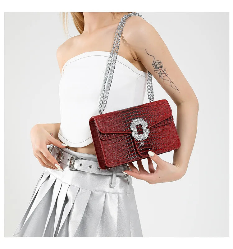 Crocodile Embossed Shoulder Bags For Women Flap PU Leather Fashion Rhinestone Decor Small Square Crossbody Bag Designer Handbag