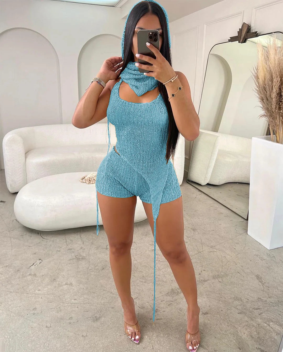 Joskaa Sequins Knit Beach 3 Piece Sets Women Sexy Backless Halter Irregular Top+Head Scarf+Shorts Matching Set Vacation Outfits