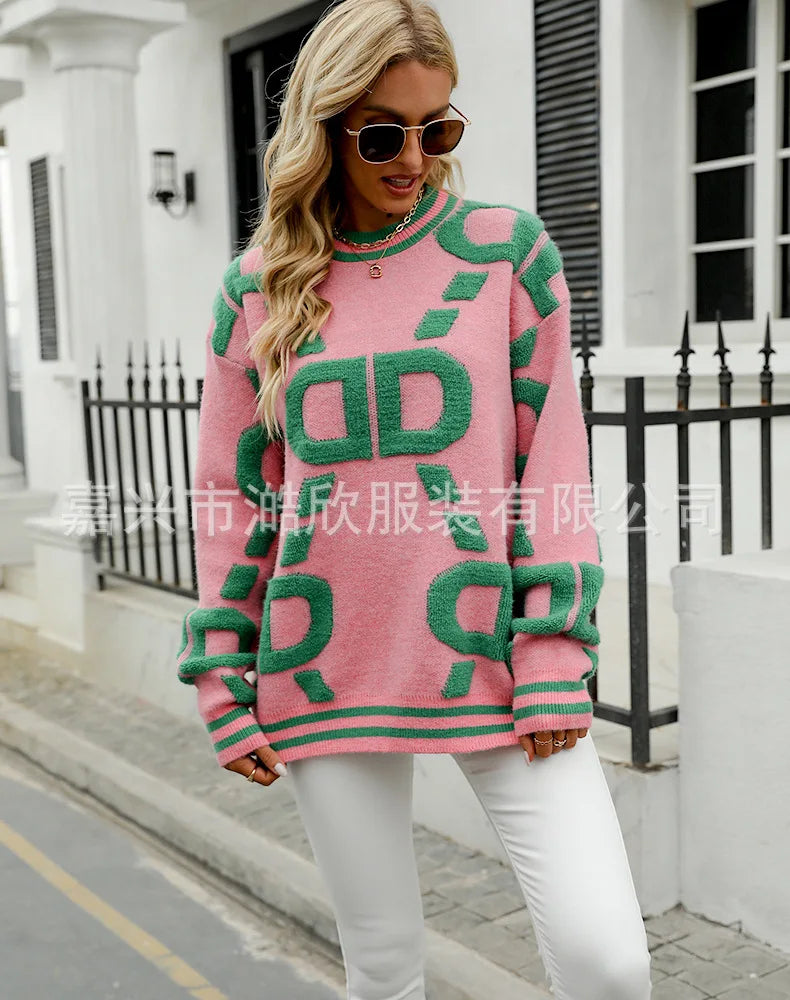 Knitted Sweaters Women 2023 Spring/Autumn Round neck Letter  Embroidery Pullovers Top Temperament casual warm Tee contrast color