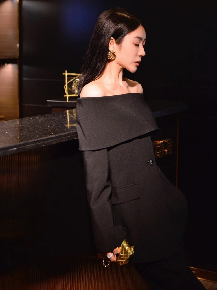 TWOTWINSTYLE Slash Neck Chic Blazers For Women Off Shoulder Long Sleeve Patchwork Single Button Solid Coat Female Clothes 2022