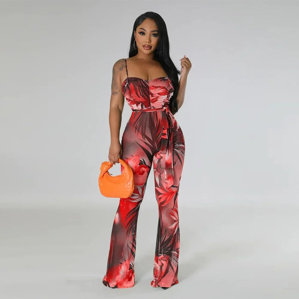 Floral Printed Jumpsuits Summer Outfits for Women 2024 Clubwear Spaghetti Strap Skinny One Pieces Romper Summer Beach Wear