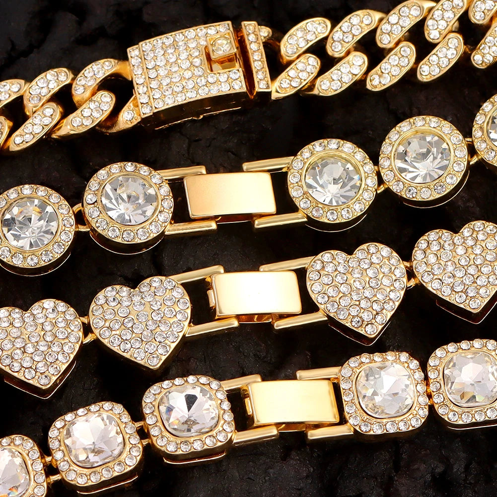 Iced Out Pink Cuban Bracelet for Women Hip Hop Gold Silver Color Crystal Heart Circle Square Bracelet 4Pcs Set Jewelry Gift